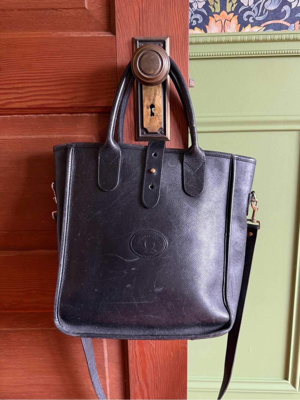 Vintage Michael Green Black Leather Bag with Top Handles & Crossbody Strap